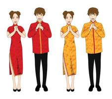 Chinese Woman and Man in Red and Gold Qipao Dress. vector