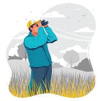 Bird Watcher Observing Birds in The Nature Concept vector