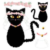 Black Cat Bride with Yellow Eyes, Crown Pink Rose Flower, Golden Ball Collar. Valentine Day. Vector Illustration