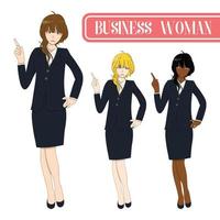 Set Cute Business Woman Pointing Up with Serious Face. vector