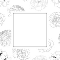 rosa, crisantemo, clavel, peonía y contorno de tarjeta de banner de flor de amaryllis vector