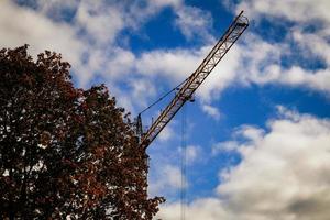 Building crane hand sticking out from behind a tree in sky with clouds photo