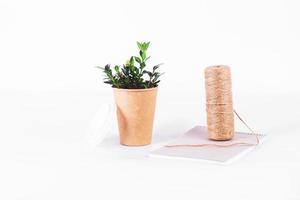 coffee cup of reusable materials with green twig next to thread winding and notepad on white background photo