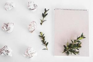 overhead shot of crumpled paper in oder and note with green twig among on white background. great idea concept photo