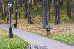 Sunrise in autumn forest. Walking path in the Park autumn day photo