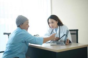 Cancer patient woman wearing head scarf after chemotherapy consulting and visiting doctor in hospital. photo