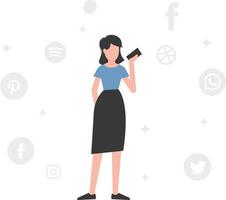 A girl standing and using mobile phone. vector