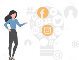 una chica de pie con ideas de redes sociales. vector