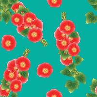 Orange Red Alcea Rosea - hollyhocks, Aoi on Green Teal Background. Vector Illustration