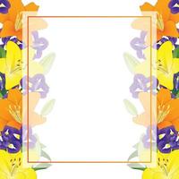 borde de tarjeta de banner de flor de lirio naranja amarillo y azul iris vector