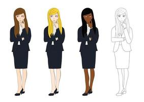 Set Cute Business Woman Thinking to Make Decision. Full Body Vector Illustration