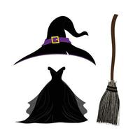 Witch Hat. Black Gothic Witch Dress. Witch Broom. Halloween Costume Set. vector