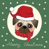 perro pug santa claus con bufanda roja en tarjeta de felicitación verde vector