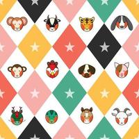 Colorful Chinese Zodiac 12 Animal Signs Chess Board Diamond Background