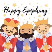 Cute greeting card Happy Epiphany with three kings, banner, template for Epiphany day, three kings day. Cute cartoon three wise men characters with gifts. Isolated vector illustration