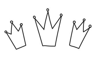 tres iconos de corona dibujados a mano para el día de los tres reyes, el día de la fiesta de la epifanía. ilustración vectorial en contorno negro aislado sobre fondo blanco. imágenes prediseñadas, elemento de diseño vector