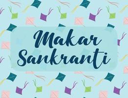 makar sankranti banner con patrón con cometas de colores brillantes con cola de arco volando en un fondo azul cielo soleado y letras de guiones. tarjeta de felicitación vectorial maghi - festival hindú de la india. vector