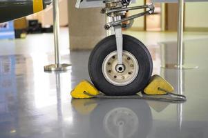 Close up of airplane wheel in an airfield photo