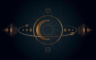 Mystical Sacred geometry. Moon, stars, orbits. Gold Moon magic pagan Wicca  goddess symbol. Alchemy, magic, esoteric, occultism. Vector illustration isolated on black background