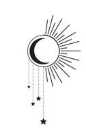 luna y sol con icono de estrellas, bruja boho y símbolo mágico. signo de arte místico, emblema de tatuaje negro. ilustración vectorial aislada en fondo blanco, estilo plano para diseño gráfico y web, logotipo, pegatina vector