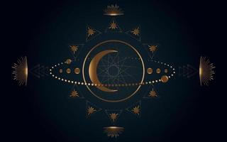 Mystical Sacred geometry. Moon, stars, orbits. Gold Moon magic pagan Wicca  goddess symbol. Alchemy, magic, esoteric, occultism. Vector illustration isolated on black background