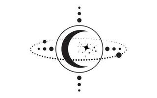 Mystical Sacred geometry. Moon, stars, orbits. Crescent Moon magic pagan Wicca goddess symbol. Alchemy, magic, esoteric, occultism. Vector black tattoo illustration isolated on white background