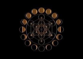 Metatrons Cube, Flower of Life. Sacred geometry, Moon Phases, geometric elements. Gold Mystic icon platonic solids, abstract geometric drawing, crop circles. Vector isolated on black background