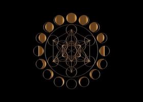 Metatrons Cube, Flower of Life. Sacred geometry, Moon Phases, geometric elements. Gold Mystic icon platonic solids, abstract geometric drawing, crop circles. Vector isolated on black background