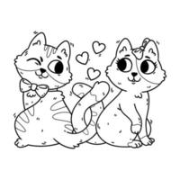 Cats fall in love and knot their tails. 14 February postcard with domestic animals. Romantic Valentines Day greeting card of kitties. Coloring page. Vector illustration isolated on white.
