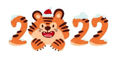 Christmas smiling cartoon tiger 2022 with santa hat. Chinese new year zodiac animal. Nursery print design. Vector illustration isolated on white background. Greeting card template design element.