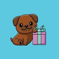Cute Pug Dog Holding Gift Box Cartoon Vector Icon Illustration. Science Holiday Icon Concept Isolated Premium Vector. Flat Cartoon Style