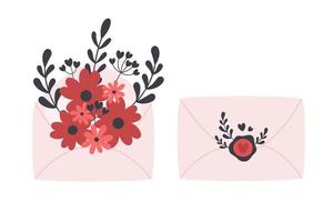 Envelope with flowers, leaves and branches. Love, romantic, Valentines day, wedding vector