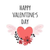 Valentines Day greeting card with heart with wings and flowers. vector