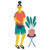 A young woman watering her houseplant in the pot vector