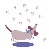 Dachshund y corazones románticos de San Valentín dibujados a mano. vector