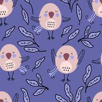 Summer birds and leaves hand drawn seamless pattern. vector