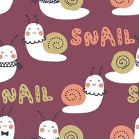 Hand drawn seamless pattern wiht snails and text. vector