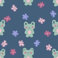 Hand drawn seamless pattern with frogs and flowers. vector