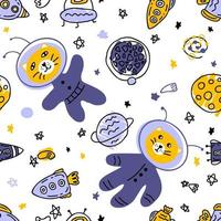 Doodle seamless pattern with cats astronauts  in space. vector