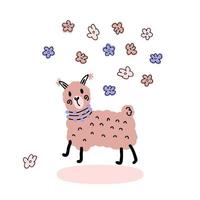 Hand drawn romantic alpaca in the rain of flowers. vector