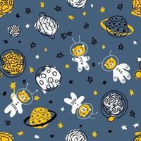 Night seamless pattern with cats astronauts discover universe. vector