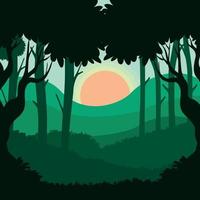 Vector forest background. Trees, bushes and hills behind, flat illustration in silhouette.