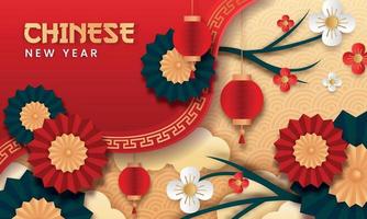 Vector de año nuevo chino con temática de fondo de podio 3d. volante o afiche con estilo de corte de papel, adecuado para productos de promoción.
