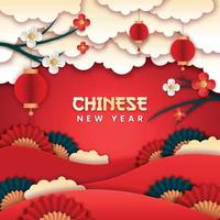 vector de estilo de corte de papel de año nuevo chino. cartel o pancarta con farolillos y flores. con concepto asiático.
