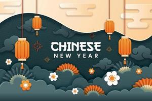 Chinese new year paper cut vector. Banner or poster with lantern, flower, and cloud ornament. vector