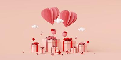 fondo de banner de san valentín de globo en forma de corazón con caja de regalo, representación 3d foto