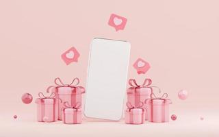 Valentine's day banner background of smartphone with gift box, 3d rendering photo