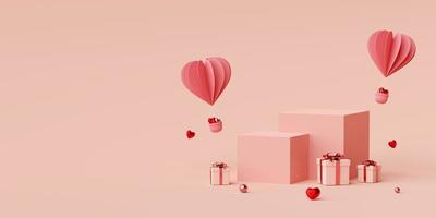 Valentine banner background of Podium with heart shape balloon with gift box, 3d rendering photo