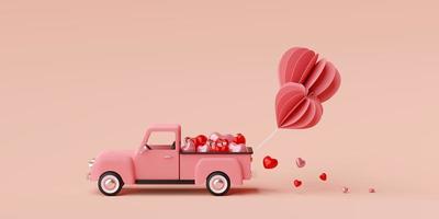 fondo de banner de san valentín de camión lleno de globo con forma de corazón con caja de regalo, representación 3d