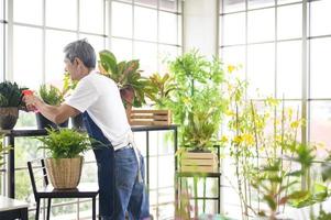 Happy senior asian retired man spraying and watering tree  enjoys  leisure activity at home photo